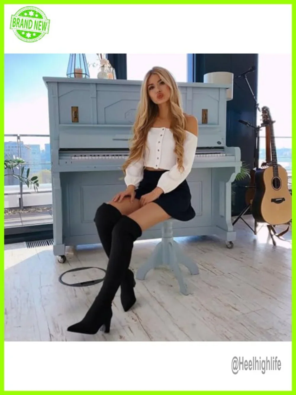Over the Knee Knit Boots Block High Heel Pull On